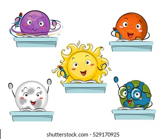 Colorful Mascot Illustration Featuring the Sun and the Planets in the Solar System Studying in a Classroom