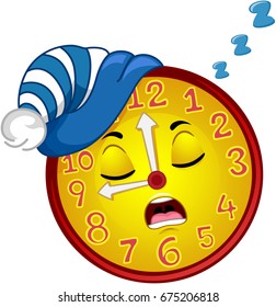 Colorful Mascot Illustration Featuring a Wall Clock Wearing a Nightcap Snoring Loudly