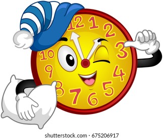 Colorful Mascot Illustration Featuring a Wall Clock Wearing a Nightcap and Carrying a Pillow Pointing to the Time