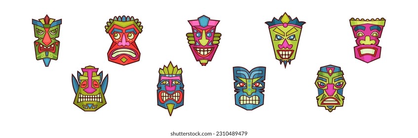 Colorful Mask of African and Polynesian Tribe Vector Set