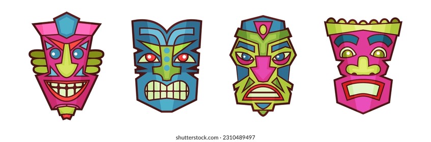 Colorful Mask of African and Polynesian Tribe Vector Set
