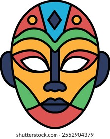 A colorful mask with a black eye and a red nose. The mask is made up of different colors and has a tribal look to it