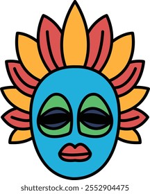 A colorful mask with a blue face and green eyes. The mask has a flowery design on it