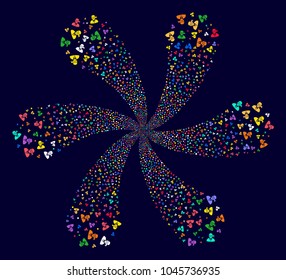 Colorful Masked Thief swirl composition on a dark background. Suggestive burst designed from scattered masked thief items.