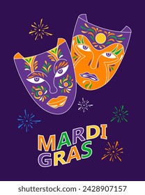 Colorful masquerade carnival masks and fireworks, Mardi Gras. Illustration, banner, poster, vector