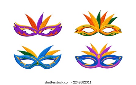 Colorful masquerade and festival masks set. Bright carnival decoration for theatrical celebrations in venetian style as elegant vector face disguise