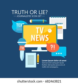 Colorful mass media infographics with reporter and journalistic elements in flat style on blue background vector illustration