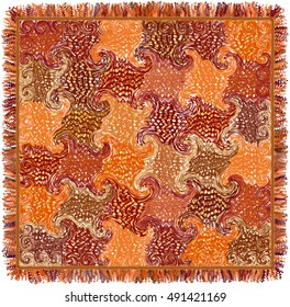 Colorful mat with swirled pattern and fringe