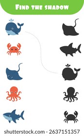 Colorful matching activity with cute sea creatures and their shadows. Fun printable game for kids' logic development.