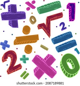 Colorful Math background Symbols and Formulas, math objects isolated, vector