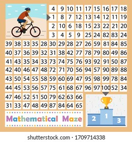 colorful math maze game for kids theme sport, help the cyclist take first place and get the Cup background blue, vector illustration, education, design children's books