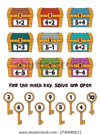 Colorful math puzzle with treasure chests and numbered keys. Fun educational game for kids to practice addition and subtraction. Cute learning activity in cartoon style. Isolated on white. Spot it