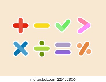 Colorful math symbol sign sticker set. Education, school learning, mathematic concept. Flat vector design illustration isolated on background.