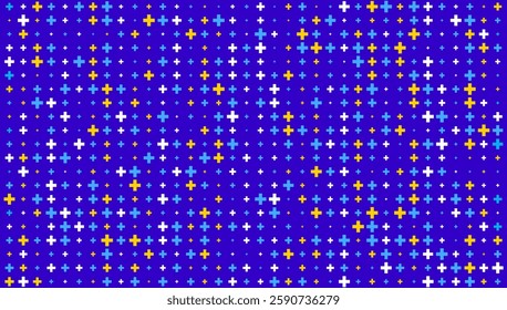 Colorful Mathematical Plus Symbols Pattern. Colorful plus symbols of different sizes and opacity on blue background