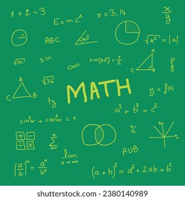 Colorful mathematical symbols and formula on white background. Scientific seamless pattern. Math formula equation doodle handwriting concept. Resources for teachers and students. Vector illustration.
