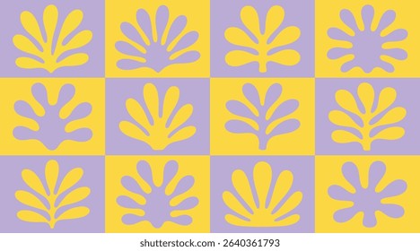 Colorful Matisse Leaf Pattern Background, Abstract Botanical Collage in Pastel Color, Yellow and Purple Modern Foliage Art, Funky Leaf Cutout Tile Pattern, Contemporary Organic Shapes Illustration
