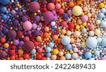 Colorful matte soft balls in bright summer tones and different sizes. Vector 3d background with many chaotic colored big and small spheres. Flat lay with lots of different colored orbs or bubbles