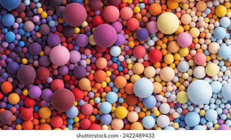 Colorful matte soft balls in bright summer tones and different sizes. Vector 3d background with many chaotic colored big and small spheres. Flat lay with lots of different colored orbs or bubbles