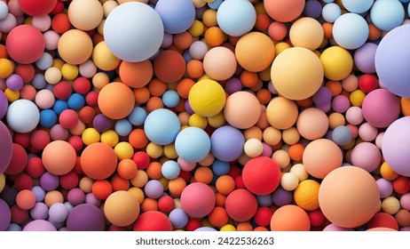 Colorful matte soft balls in bright summer tones and different sizes. Background with many colored big and small random spheres. Flat lay with lots of different colored orbs. Vector background