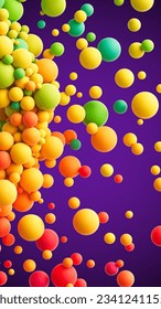 Colorful matte soft balls in different sizes. Abstract background with many colorful random flying spheres. Vector illustration