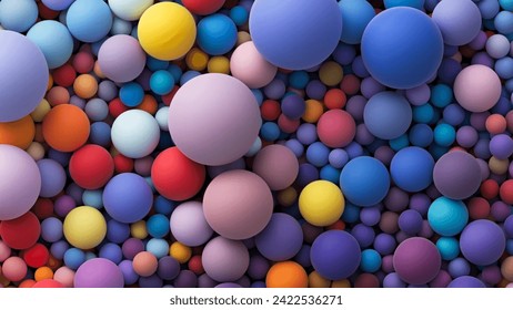 Colorful matte soft balls in different sizes. Background with many colored big and small random spheres. Flat lay with lots of different colored orbs or bubbles. Vector background