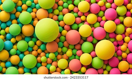 Coloridas bolas blandos mate fondo vectorial en brillantes tonos de verano y diferentes tamaños para zona infantil o sala de juegos para niños. Vista superior de una enorme pila de bolas coloridas caóticas mixtas, orbas o burbujas