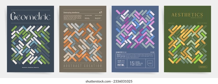 Colorful Maze Abstract Geometric Patterns with Random Geometric Linear Particles. A4 Posters Set, Perfect for Wall Art and Print Designs, Brochure, Presentation, Book or Magazine Cover. 