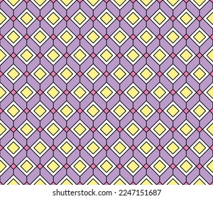 Farbiges Labyrinth-Muster auf violettem Hintergrund. Farbiges, nahtloses, ineinander greifendes quadratisches Muster auf violettem Hintergrund.
