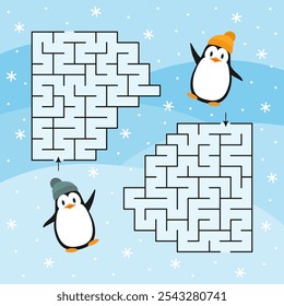 A colorful maze with cute penguins and snowflakes on blue