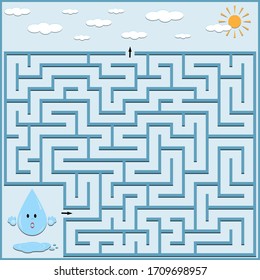 colorful maze game for children help a drop of water find the way to the sky, blue background, vector illustration, education, children's book design