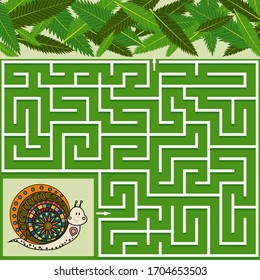 Colorful maze game for children on the theme of nature, help the snail find the way to the leaves, green background, vector illustration