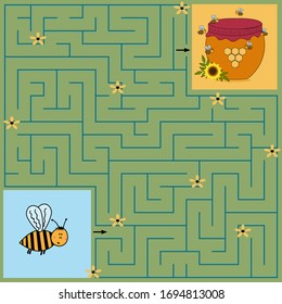 Colorful maze game for children where the bee must find the way to a jar of honey, green background with flowers, vector illustration