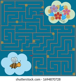 Colorful maze game for children where the bee must find the way to the lawn with flowers, blue background with flowers, vector illustration