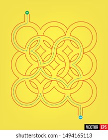 Colorful Maze on a Yellow background. An interesting game for children and adults. Simple flat illustration.