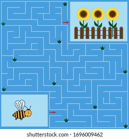 Colorful maze puzzle for children bee and sunflowers, help find the way, blue background, vector illustration