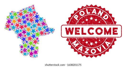 Colorful Mazovia Province map composition of stars, and distress rounded red WELCOME stamp seal. Abstract geographic plan in colorful color hues. Vector Mazovia Province map is shaped of color stars.