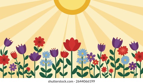 A colorful meadow of stylized flowers, including red tulips and purple blooms, under a radiant sun with beaming rays.