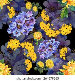 Colorful meadow watercolor flowers Seamless pattern on black background vector illustration