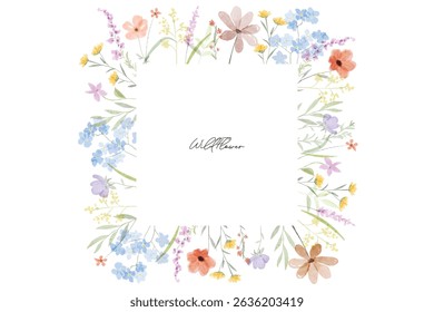 Colorful meadow wildflowers watercolor botanical background frame. Spring and summer Background watercolor arrangements with small flower. Botanical illustration minimal style.