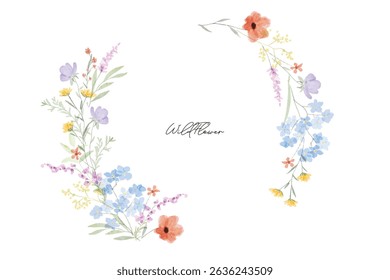 Colorful meadow wildflowers watercolor botanical background wreath frame. Spring and summer Background watercolor arrangements with small flower. Botanical illustration minimal style.
