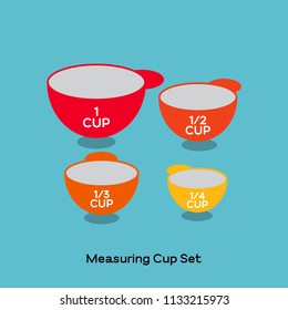 Colorful measuring cup set, a kitchen utensil, red, orange and yellow measuring cups in various size on blue background.