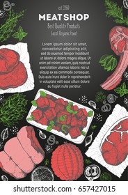 Colorful meat and sausage top view frame. Vector illustration. Engraved design. Hand drawn illustration. Meat products design template.