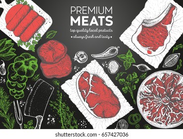Colorful meat and sausage top view frame. Vector illustration. Engraved design. Hand drawn illustration. Meat products design template.