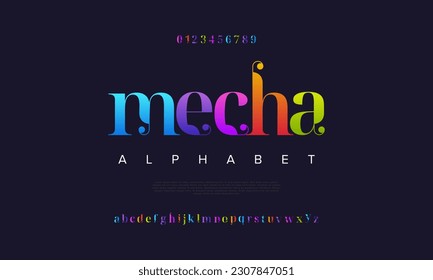 Colorful mecha abstract digital technology logo font alphabet. Minimal modern urban fonts for logo, brand etc. Typography typeface uppercase lowercase and number. vector illustration