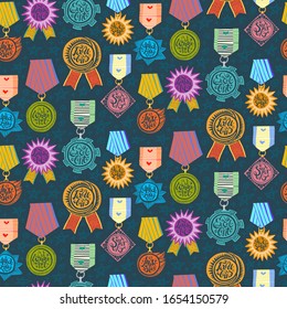 Colorful medal awards seamless pattern. Multicolor medals with ribbons and handwritten words Awesome, Fabulous, Super etc. Dark background. Gift wrapping paper, media wall, branding.