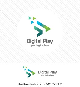 Colorful media play logo design with colorful triangle pixel. 