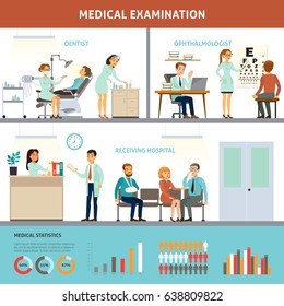 Colorful medical examination infographic template with people visiting dentist ophthalmologist and sitting in queue to doctor in hospital vector illustration