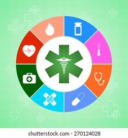 colorful medical icons set in pie chart (vector)