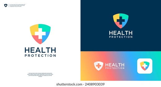 Colorful medical protection logo. Combine shield and cross symbol