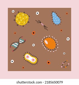 Colorful medical seamless pattern with cute doodle bacterias, microbs and dnk